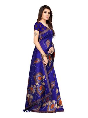 Blue Printed Poly Silk Saree With Blouse 3