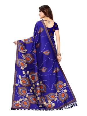 Blue Printed Poly Silk Saree With Blouse 4