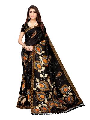 Black Printed Poly Silk Saree With Blouse 1