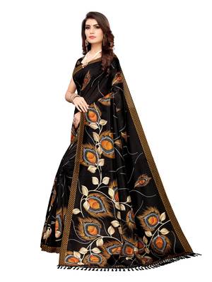 Black Printed Poly Silk Saree With Blouse 2