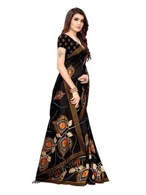 Black Printed Poly Silk Saree With Blouse 3