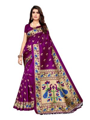 Purple printed poly silk saree with blouse 1