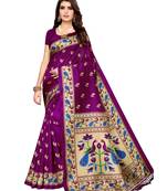 Purple printed poly silk saree with blouse