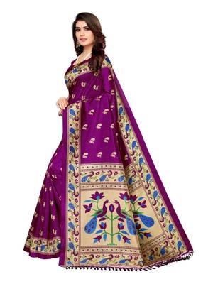 Purple printed poly silk saree with blouse 2