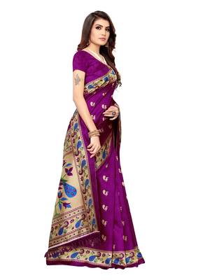 Purple printed poly silk saree with blouse 3