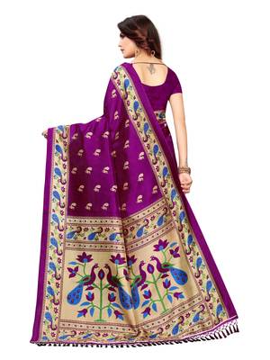 Purple printed poly silk saree with blouse 4