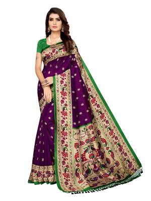 Purple Printed Poly Silk Saree With Blouse 1