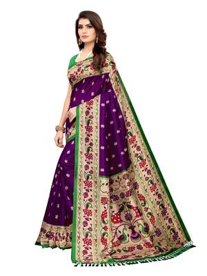 Purple Printed Poly Silk Saree With Blouse 2
