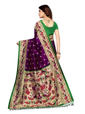 Purple Printed Poly Silk Saree With Blouse 4