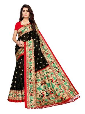 Black Printed Poly Silk Saree With Blouse 1