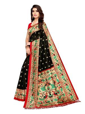 Black Printed Poly Silk Saree With Blouse 2