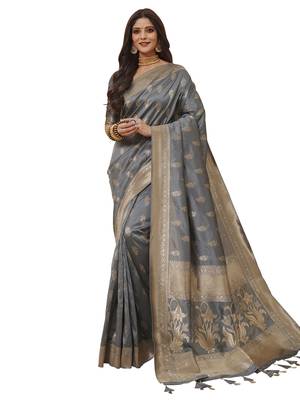 Grey woven poly silk saree with blouse 1
