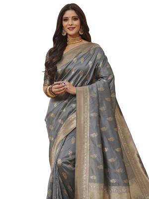 Grey woven poly silk saree with blouse 2