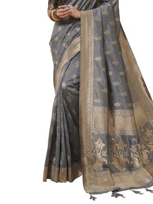 Grey woven poly silk saree with blouse 3