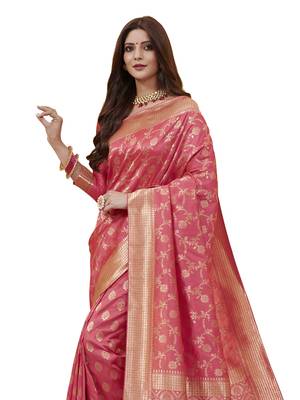 Pink Woven Poly Silk Saree With Blouse 2