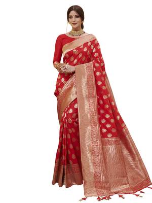 Red Woven Poly Silk Saree With Blouse 1