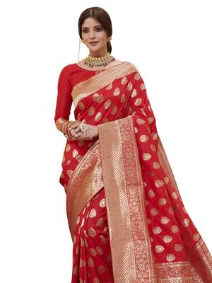 Red Woven Poly Silk Saree With Blouse 2