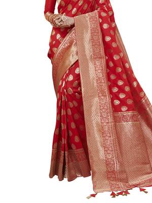 Red Woven Poly Silk Saree With Blouse 3
