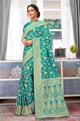 Turquoise Banarasi Silk Woven Work Traditional Saree 1