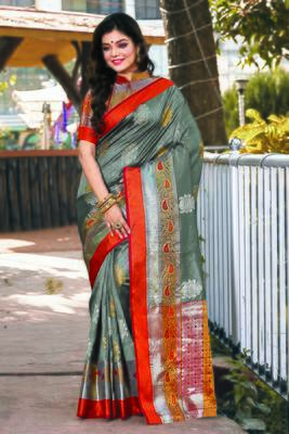 Grey Handloom Silk Woven Work Traditional Saree 1