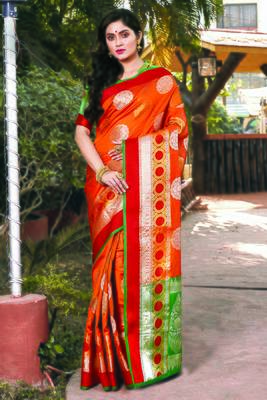 Orange Handloom Silk Woven Work Traditional Saree 1