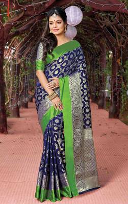 Navy Blue Silk Jacquard Traditional Saree 1