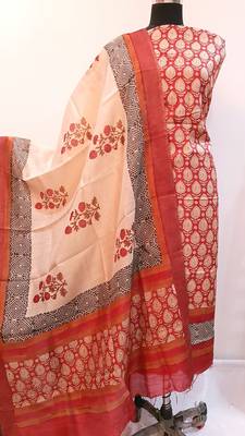 Red Tassar Silk Handloom Unstitched Suit Fabric  1