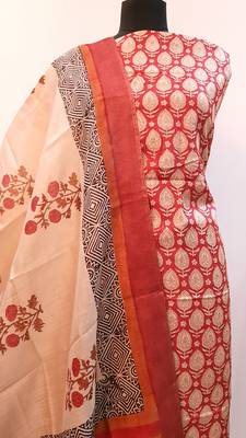 Red Tassar Silk Handloom Unstitched Suit Fabric  2