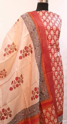 Red Tassar Silk Handloom Unstitched Suit Fabric  3