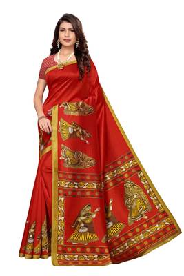 Red Printed Art Silk Saree With Blouse 1