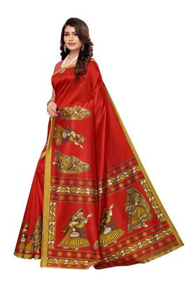 Red Printed Art Silk Saree With Blouse 2