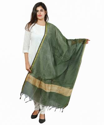 Green Banjara India Banarasi Solid Cotton Silk Dupatta 1