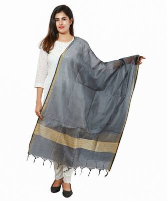 Grey Banjara India Banarasi Solid Cotton Silk Dupatta 1