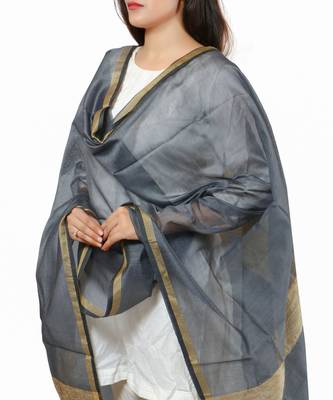 Grey Banjara India Banarasi Solid Cotton Silk Dupatta 4