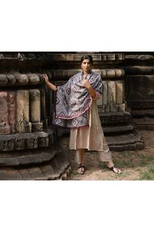 Grey Tribal Star MotifsAari Embrodiered Slub Khadi Shawl/Dupatta With Baby Ping Cotton Lace