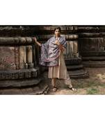 Grey Tribal Star MotifsAari Embrodiered Slub Khadi Shawl/Dupatta With Baby Ping Cotton Lace