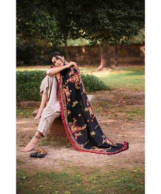 Black Kashmiri Motif Aari Embroidered Khadi Shawl/Dupatta With Crimson Red Cotton Tassel 2