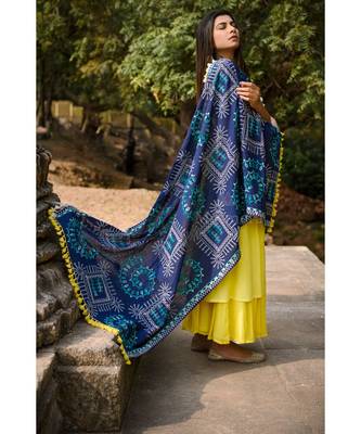 Navy Blue Warli Tribal Motif Aari Embroidered Khadi Shawl/Dupatta With Kaccha Tassel Lace 1