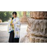 White Tribal Motif Aari Embroidered Khadi Shawl/Dupatta With Lemon Tassel Lace