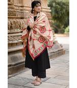 Beige Floral Motifs Aari Heavily Embroidered Khadi Shawl/Dupatta With Rani Tassel Lace