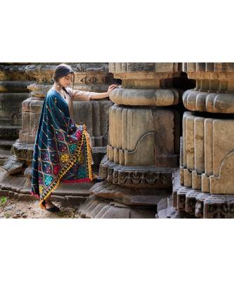Turqoise Blue Multi colour Asri heavily Embroidered Khadi Shawl/Dupatta With Yellow Tassel Lace 2