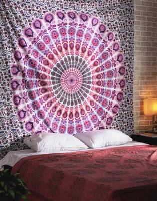 Indan 100% Cotton Queen Size Pink Feather Mandala Tapestry 1