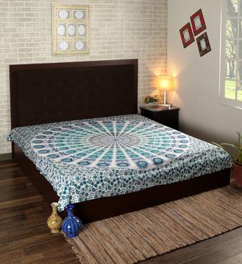 Indan 100% Cotton Queen Size White Blue Feather Mandala Tapestry 1