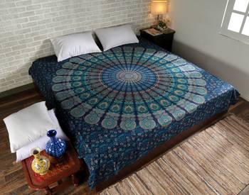 Indan 100% Cotton Queen Size Blue Feather Mandala Tapestry 1