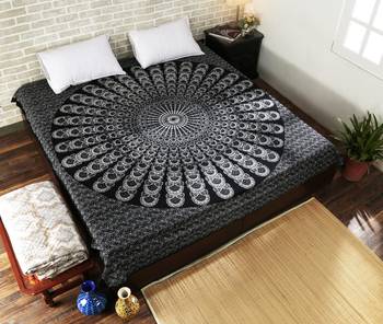 Indan 100% Cotton Queen Size Black and White Peacock Feather Mandala Tapestry 1