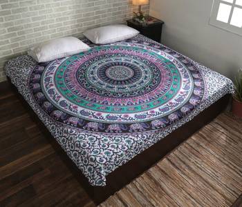 Indan 100% Cotton Queen Size Pink and Green Elephant Mandala Tapestry 1