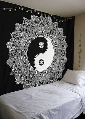 Indan 100% Cotton Queen Size Black and White Ying Yang Tapestry 1