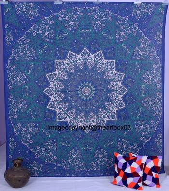 Indan 100% Cotton Queen Size Green and Blue Star Mandala Tapestry 1