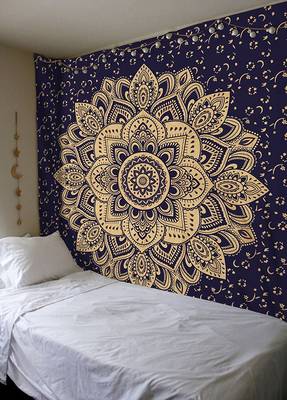 Indan 100% Cotton Queen Size Blue Golden Flower Tapestry 1