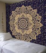 Indan 100% Cotton Queen Size Blue Golden Flower Tapestry